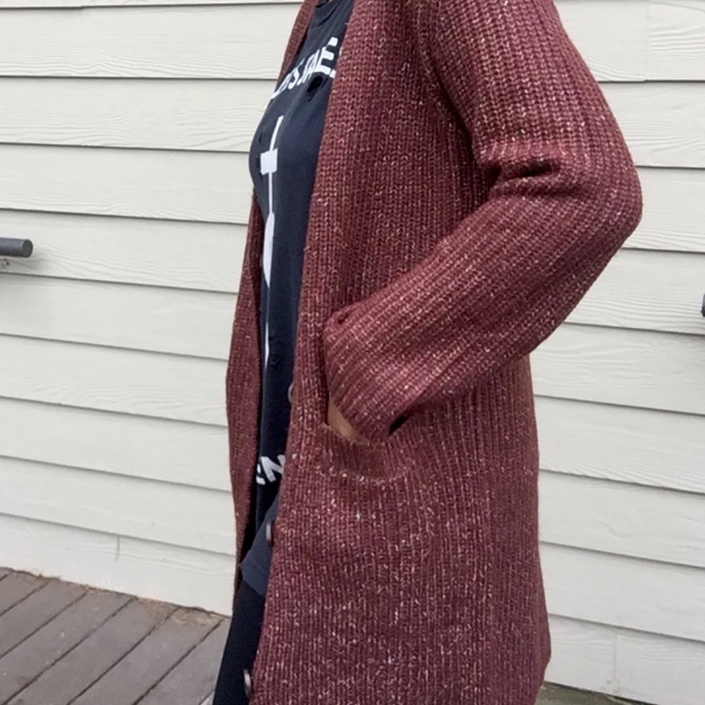 Rust V-Neck Chunky Knit Button Up Sweater Cardigan - Picture 3 of 6